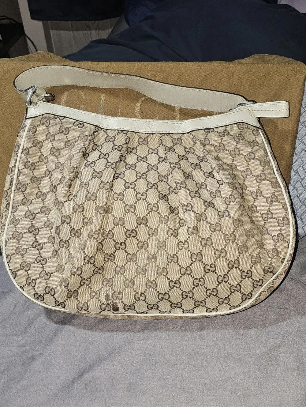 Authentic Gucci Beige Monogram Canvas Sukey Shoulder Bag with Ivory Trim Vintage